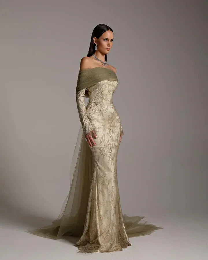 Mermaid Off-The-Shoulder Long-Sleeve Backless Maxi Evening Dress