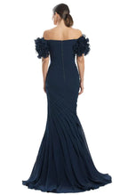 Elegant Mermaid Off-The Shoulder Ruffle Sleeve Button Back Train Floor Length Prom Dress