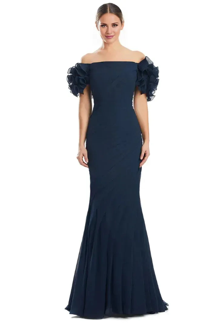 Elegant Mermaid Off-The Shoulder Ruffle Sleeve Button Back Train Floor Length Prom Dress