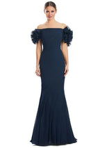 Elegant Mermaid Off-The Shoulder Ruffle Sleeve Button Back Train Floor Length Prom Dress