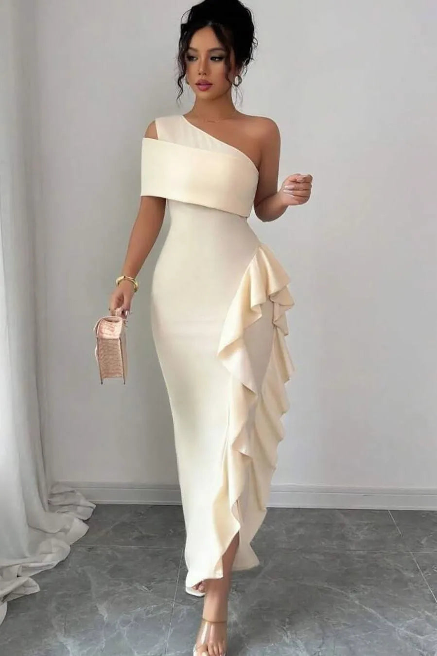 Mermaid One-Shoulder Asymmetrical Ruffle Maxi Dress With Slit