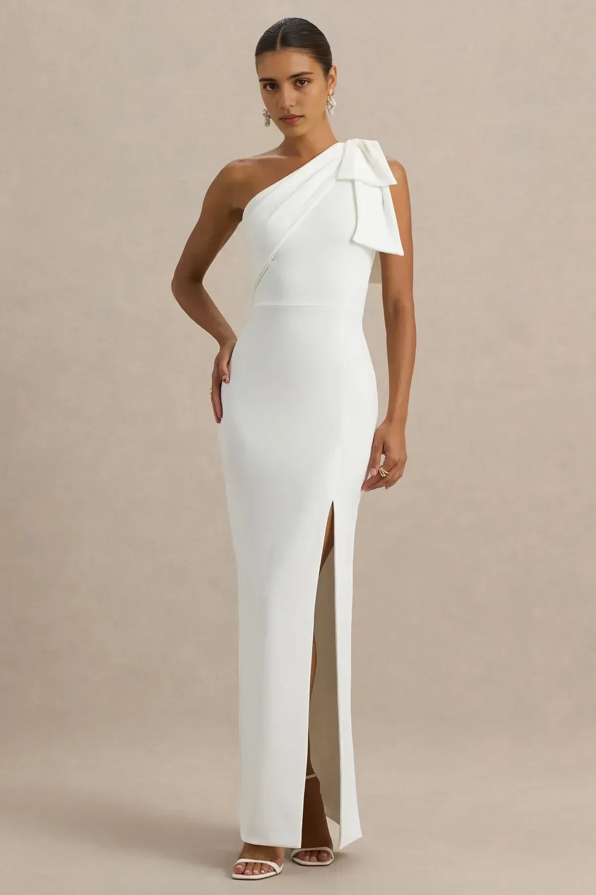 Elegant Mermaid One Shoulder Bow Detail Sleeveless Zipper Back Floor Length Evening Dress