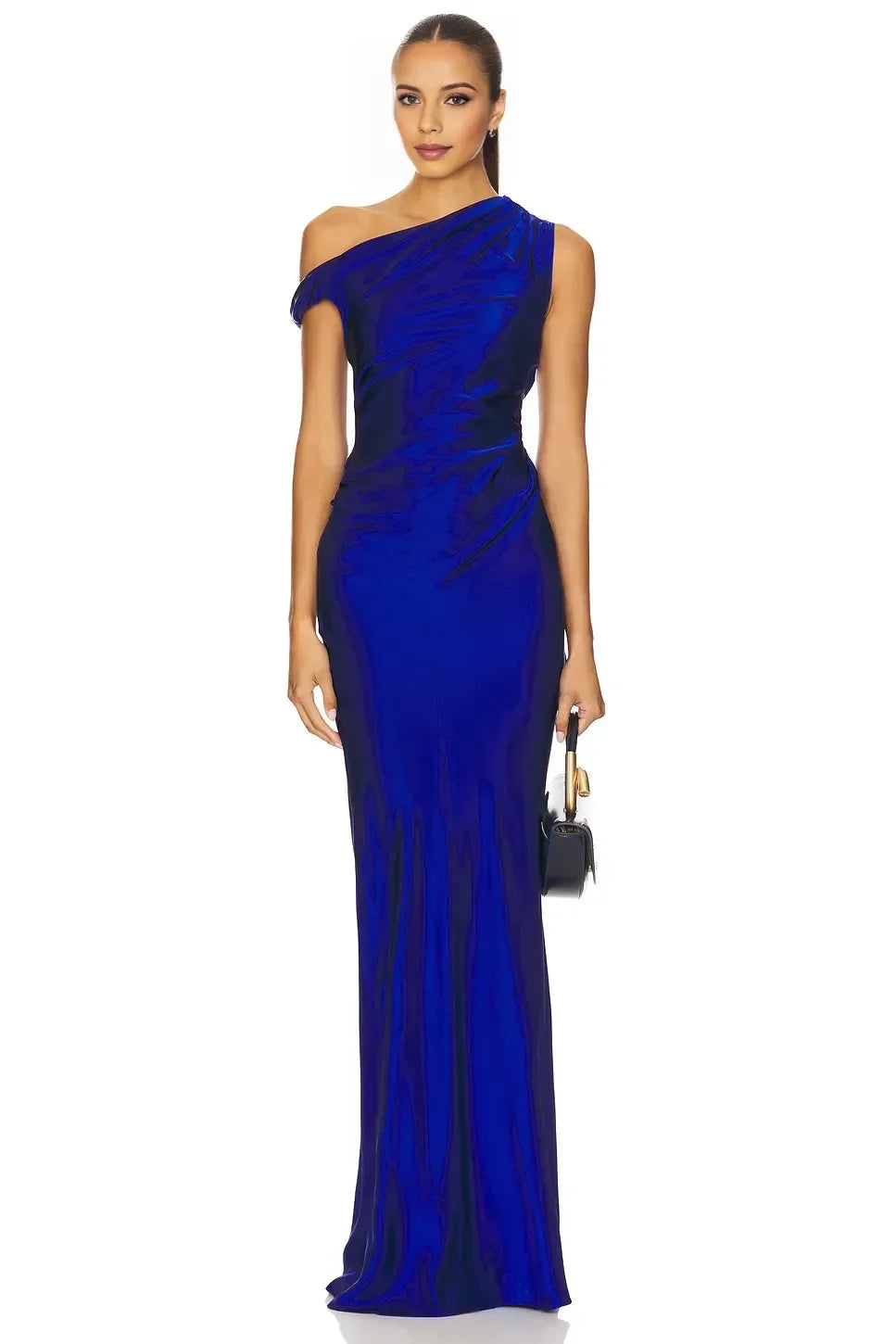 Elegant Mermaid One Shoulder Draped Sleeve Ruched Back Floor Length Evening Dress