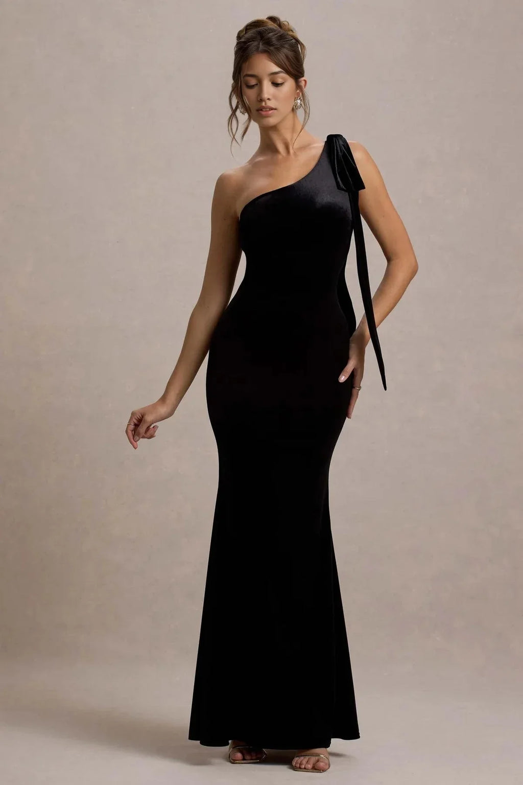 Elegant Mermaid One Shoulder Sleeveless Bow Detail Floor Length Evening Dress