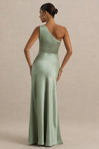 Elegant Mermaid One Shoulder Sleeveless Ruched Side High Slit Floor Length Evening Dress