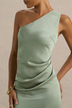 Elegant Mermaid One Shoulder Sleeveless Ruched Side High Slit Floor Length Evening Dress