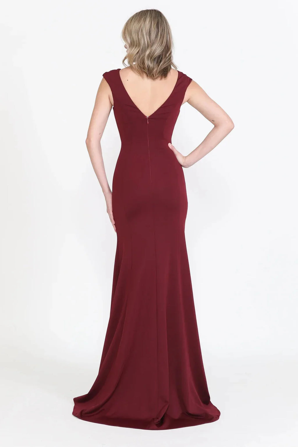 Elegant Mermaid Plunge Neck Cap Sleeve Low Back Train Length Evening Dress