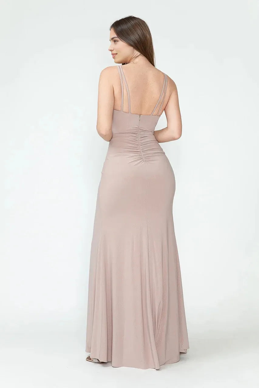 Elegant Mermaid Plunge Neck Double Spaghetti Strap Low Back High Slit Floor Length Evening Dress