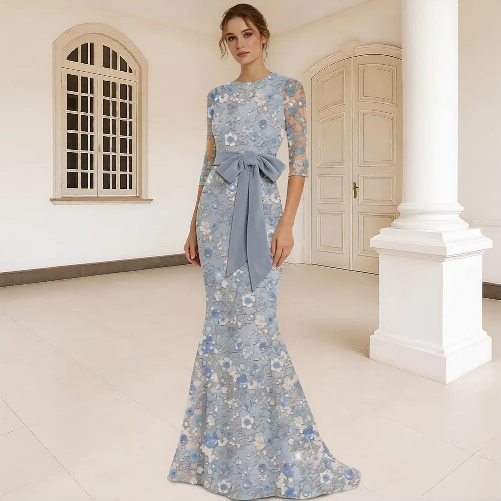 Mermaid Round Neck 3/4 Sleeve Maxi Floral Dress