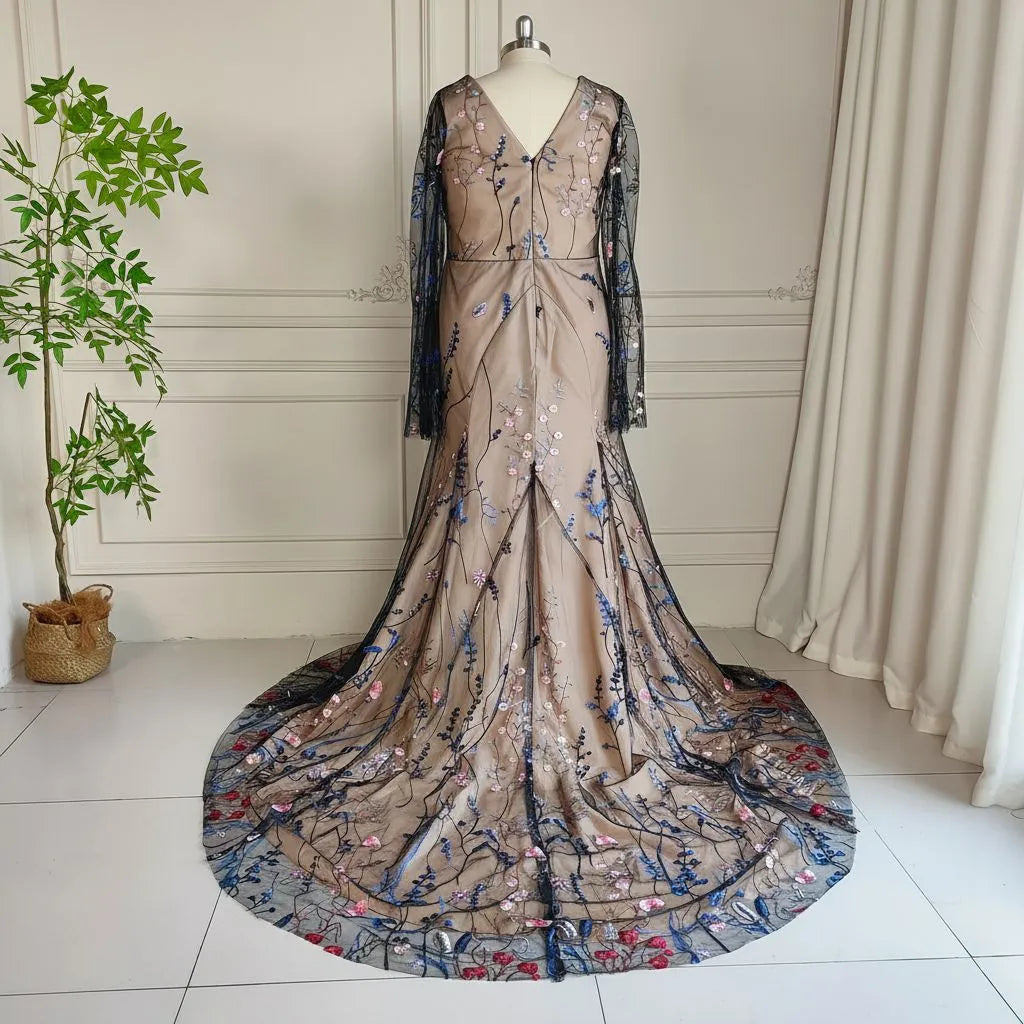 Mermaid Round Neck Long Sleeve Maxi Floral Dress