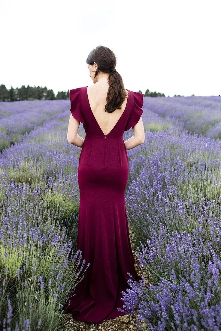 Mermaid Round Neck Ruffle Sleeve Maxi Bridesmaid Dress