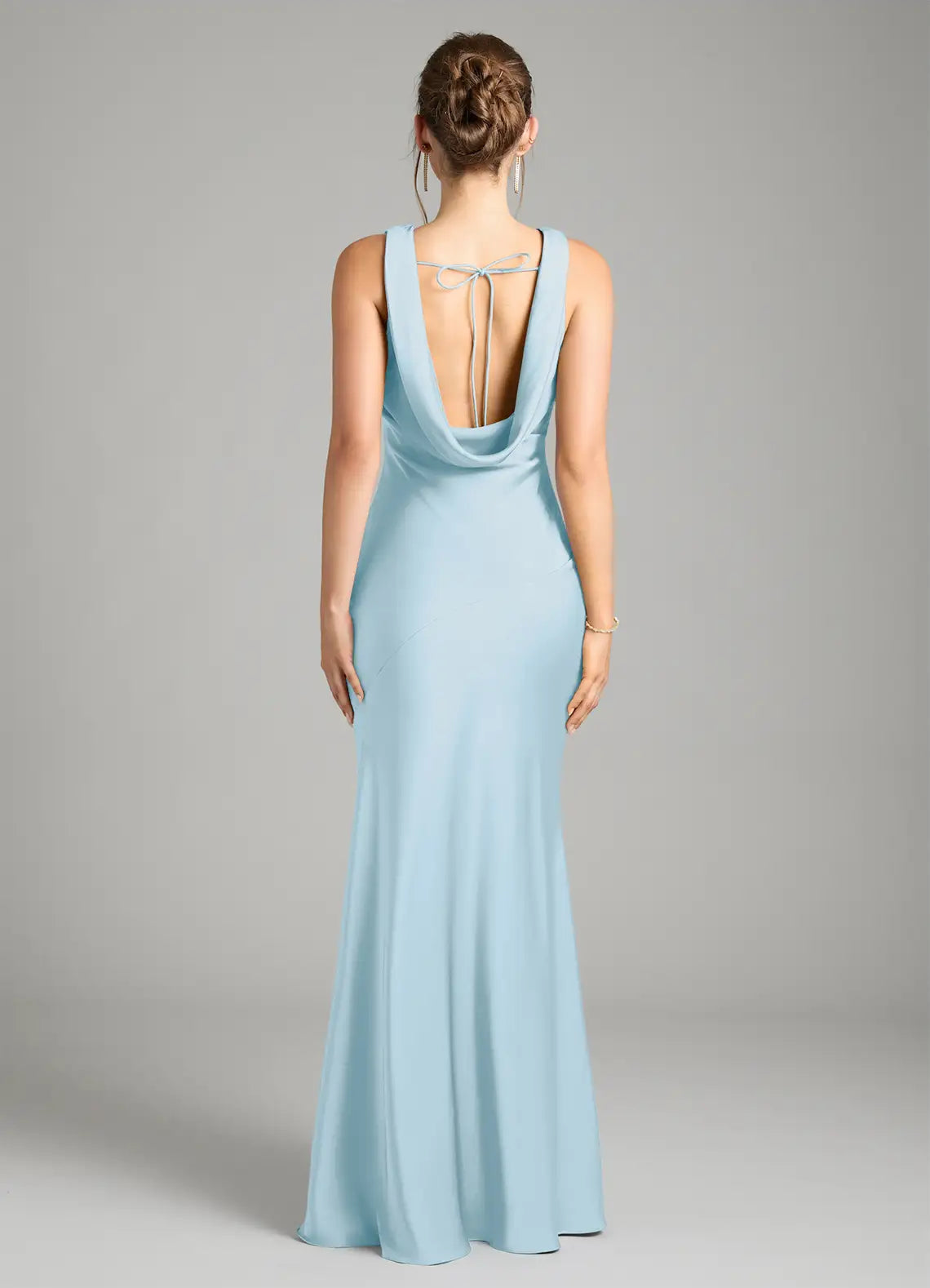 Elegant Mermaid Satin Cowl Neck Sleeveless Bow Back Floor Length Bridesmaid Dress