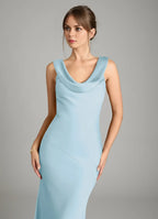 Elegant Mermaid Satin Cowl Neck Sleeveless Bow Back Floor Length Bridesmaid Dress