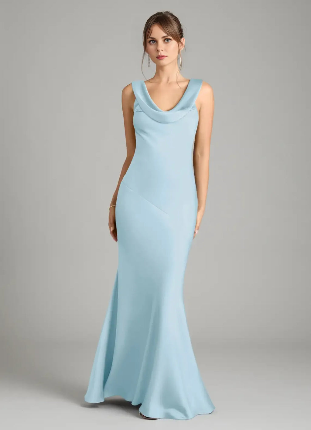 Elegant Mermaid Satin Cowl Neck Sleeveless Bow Back Floor Length Bridesmaid Dress