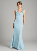 Elegant Mermaid Satin Cowl Neck Sleeveless Bow Back Floor Length Bridesmaid Dress