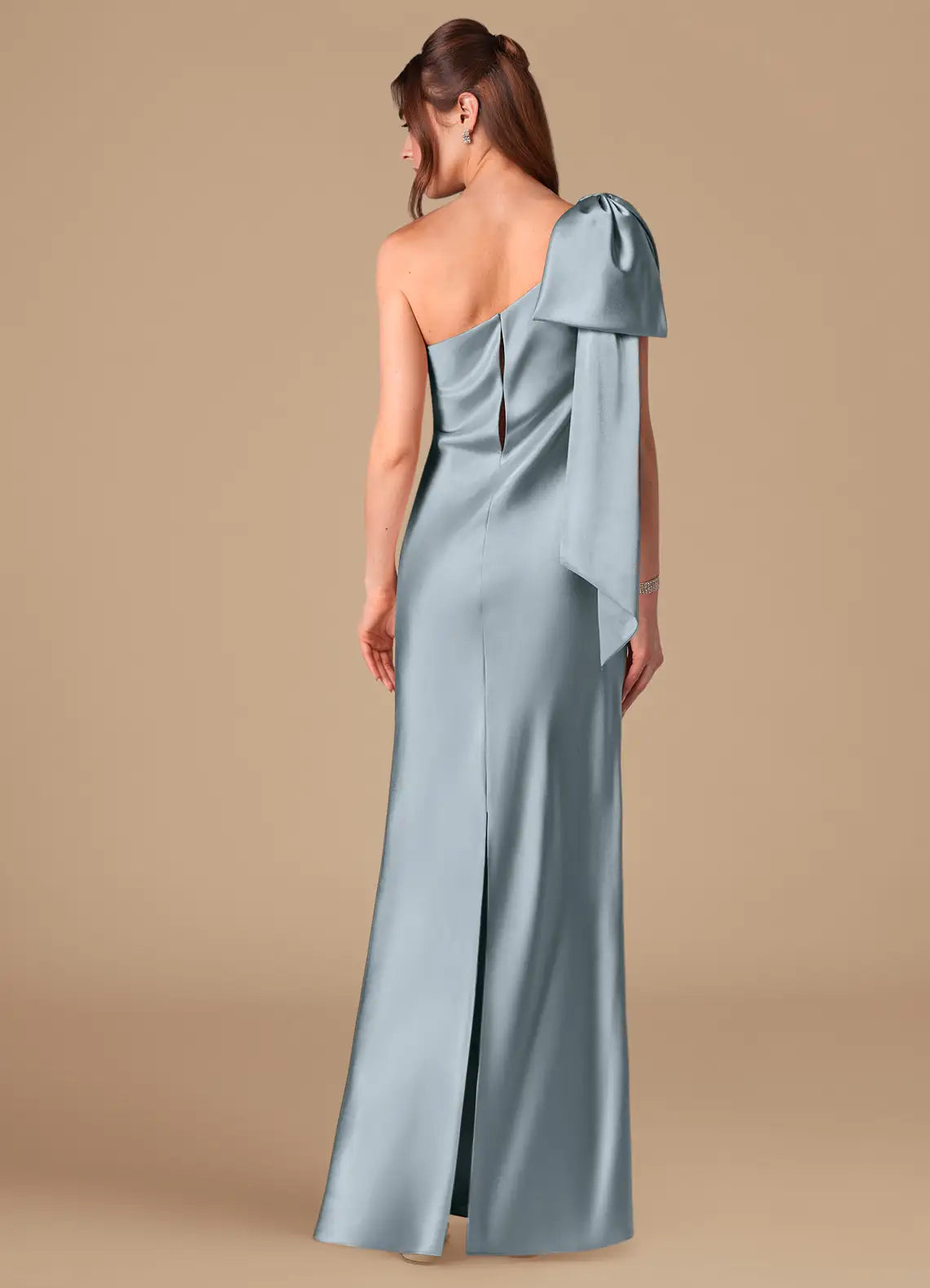 Elegant Mermaid Satin One Shoulder Bow Sleeve Keyhole Back Floor Length Bridesmaid Dress