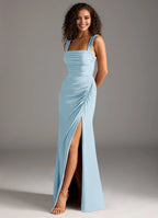 Elegant Mermaid Satin Square Neck Sleeveless Bow Cutout Back Floor Length Bridesmaid Dress