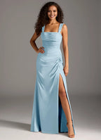 Elegant Mermaid Satin Square Neck Sleeveless Bow Cutout Back Floor Length Bridesmaid Dress