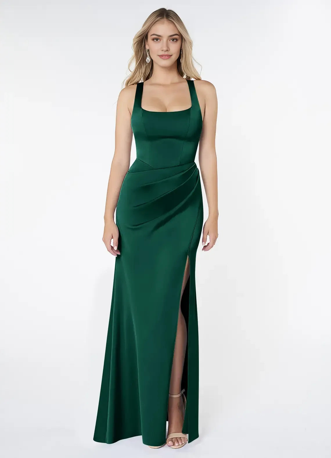 Elegant Mermaid Satin Square Neck Sleeveless Cross Cutout Back Floor Length Bridesmaid Dress