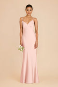 Elegant Mermaid Satin V Neck Spaghetti Strap Crisscross Back Floor Length Bridesmaid Dress