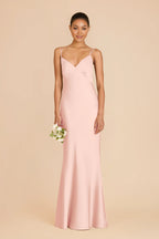 Elegant Mermaid Satin V Neck Spaghetti Strap Crisscross Back Floor Length Bridesmaid Dress