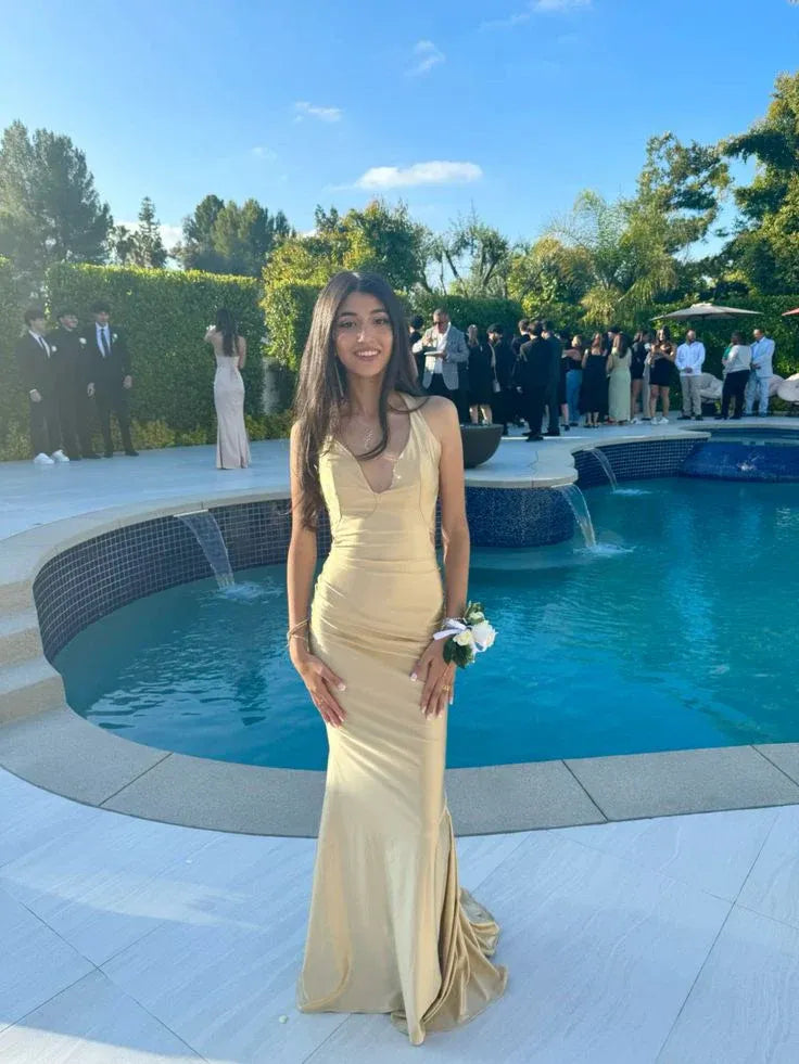 Mermaid Spaghetti Strap V-Neck Ruched Open-Back Floor-Length Evening Gown