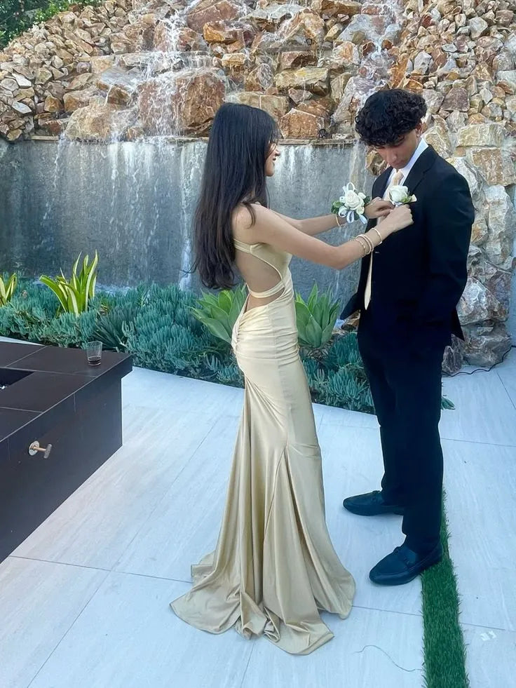 Mermaid Spaghetti Strap V-Neck Ruched Open-Back Floor-Length Evening Gown