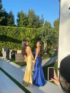 Mermaid Spaghetti Strap V-Neck Ruched Open-Back Floor-Length Evening Gown