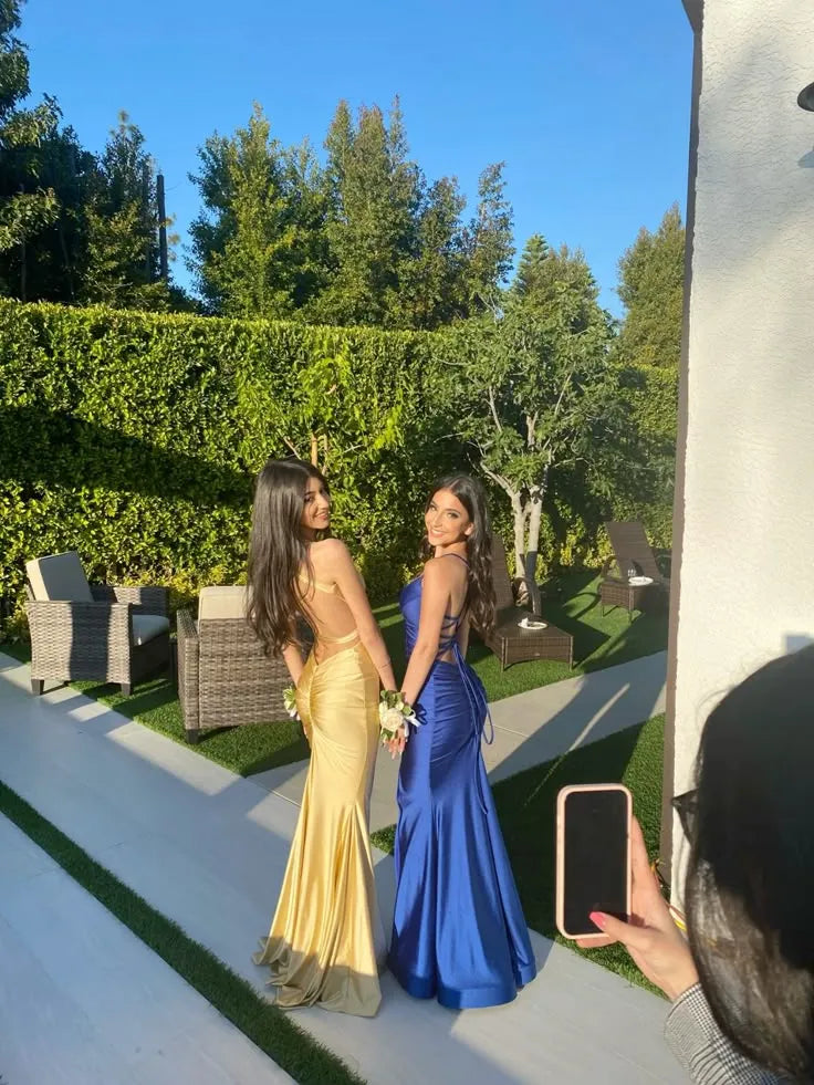 Mermaid Spaghetti Strap V-Neck Ruched Open-Back Floor-Length Evening Gown