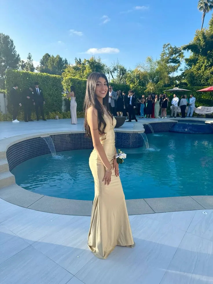 Mermaid Spaghetti Strap V-Neck Ruched Open-Back Floor-Length Evening Gown