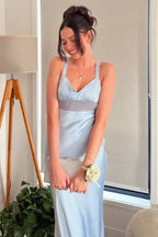 Mermaid Spaghetti Strap V-Neck Sheer Waist Backless Tie Maxi Dress