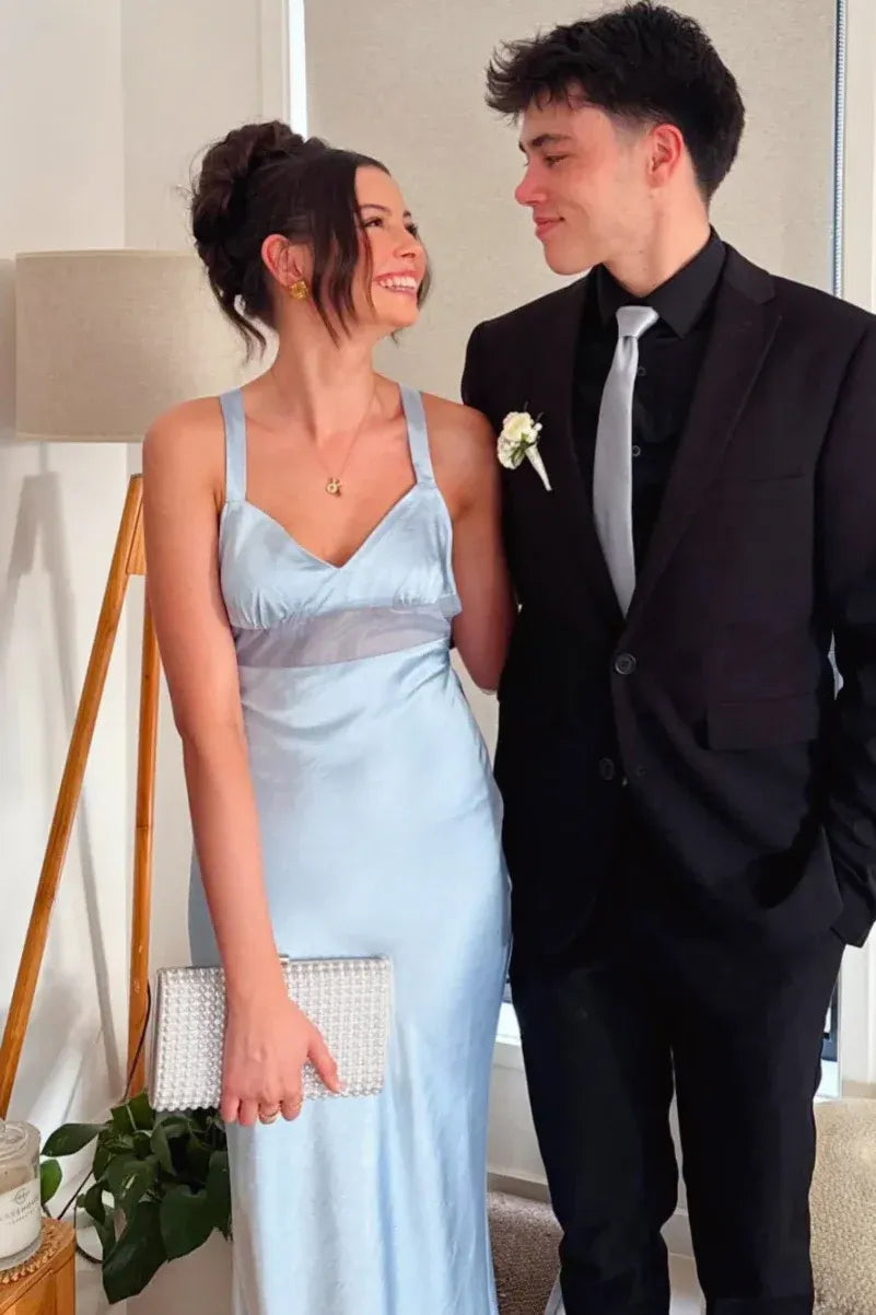 Mermaid Spaghetti Strap V-Neck Sheer Waist Backless Tie Maxi Dress