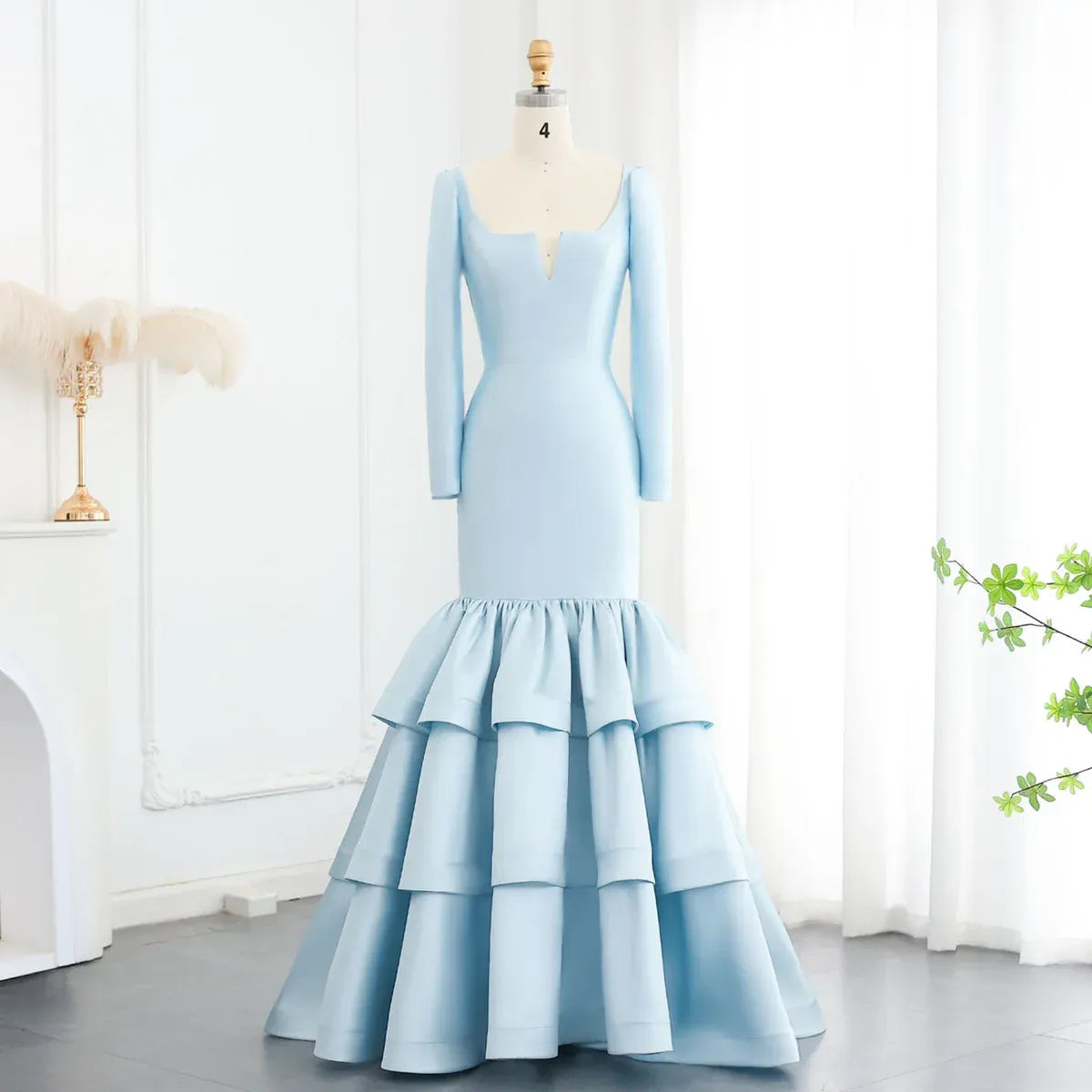 Mermaid Square Neck Long Sleeve Tiered Ruffle Evening Dress