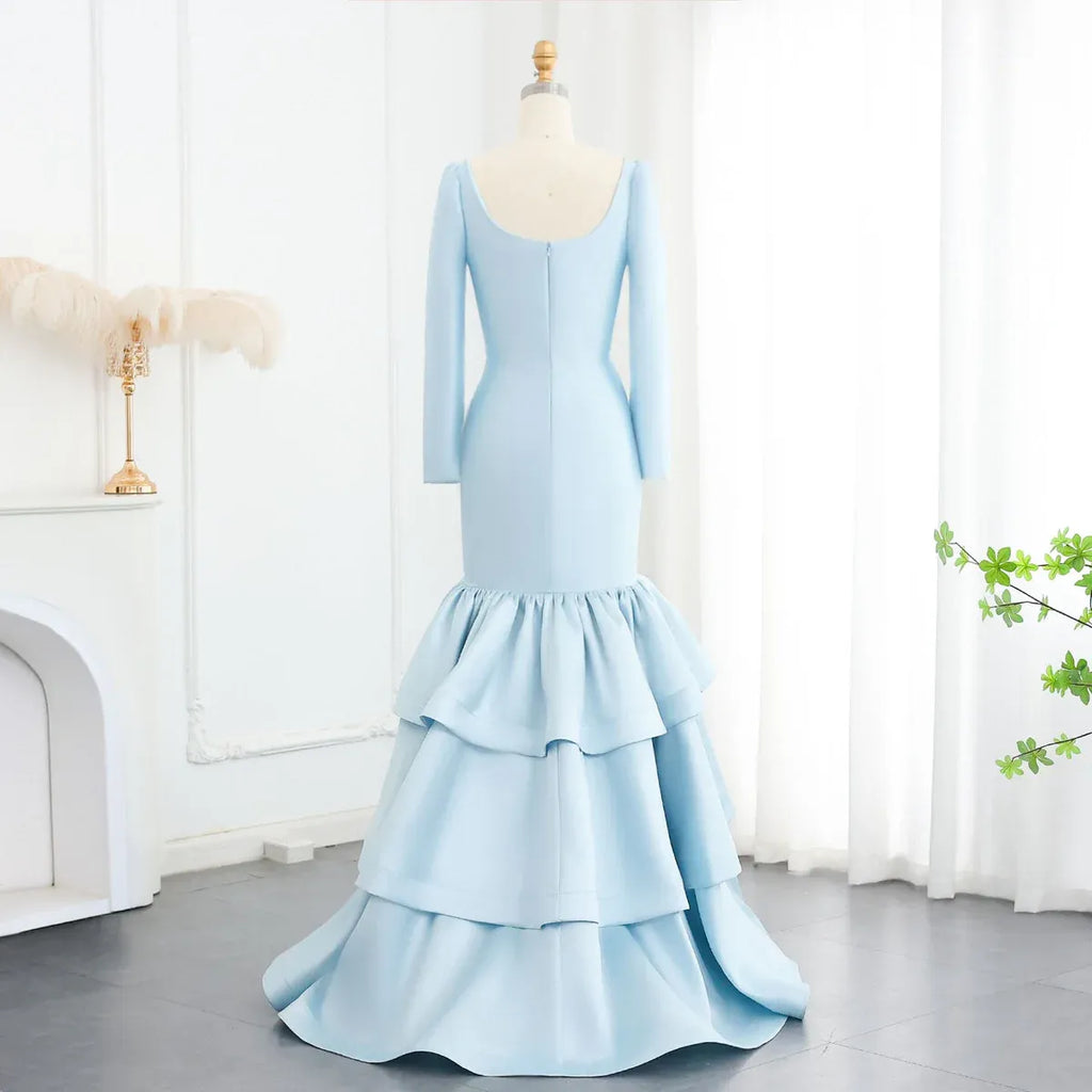 Mermaid Square Neck Long Sleeve Tiered Ruffle Evening Dress