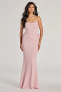 Mermaid Square Neck Spaghetti Strap Backless Bow Detail Glitter Maxi Dress With Train
