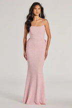 Mermaid Square Neck Spaghetti Strap Backless Bow Detail Glitter Maxi Dress With Train