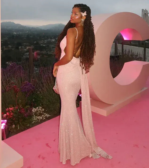 Mermaid Square Neck Spaghetti Strap Backless Bow Detail Glitter Maxi Dress With Train