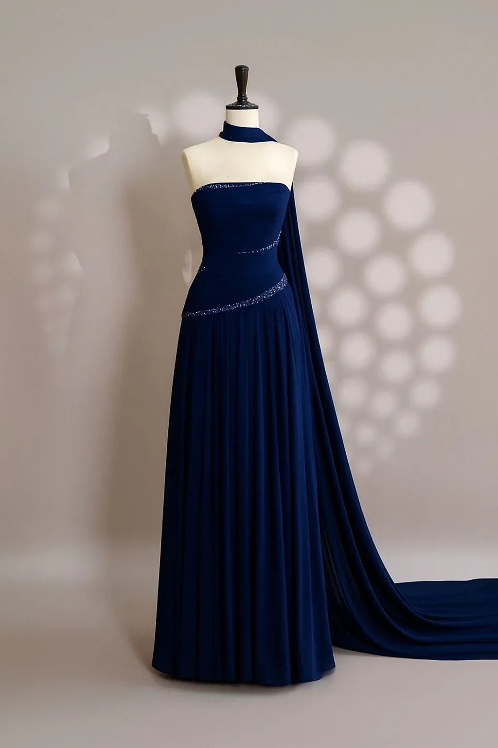 Mermaid Strapless Halter Neck Beaded Cape Train Formal Evening Gown
