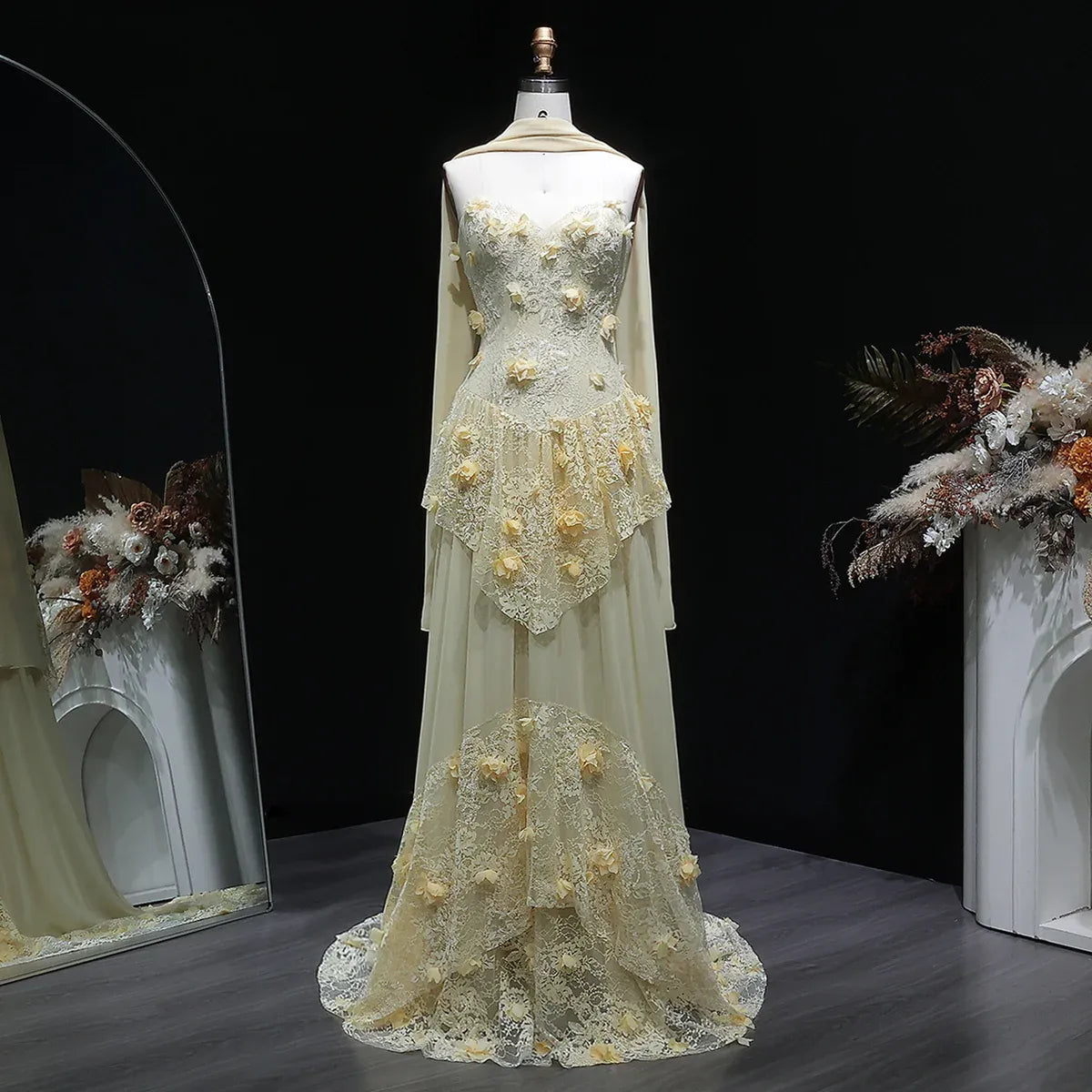 Mermaid Strapless Sleeveless Lace-Up Back 3D-Flower Appliqué Wedding Dress