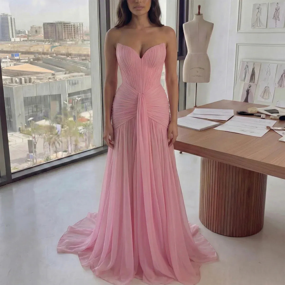 Mermaid Strapless Sleeveless Ruched Evening Dress With Train