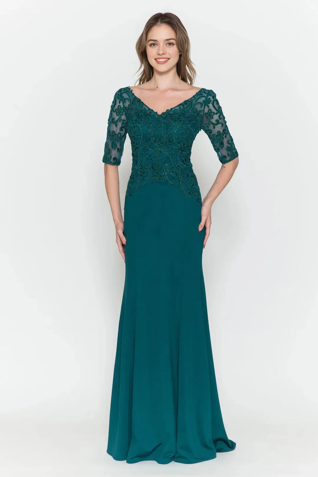 Elegant Mermaid V Neck Half Sleeve Closed Back Floor Length Prom Dress