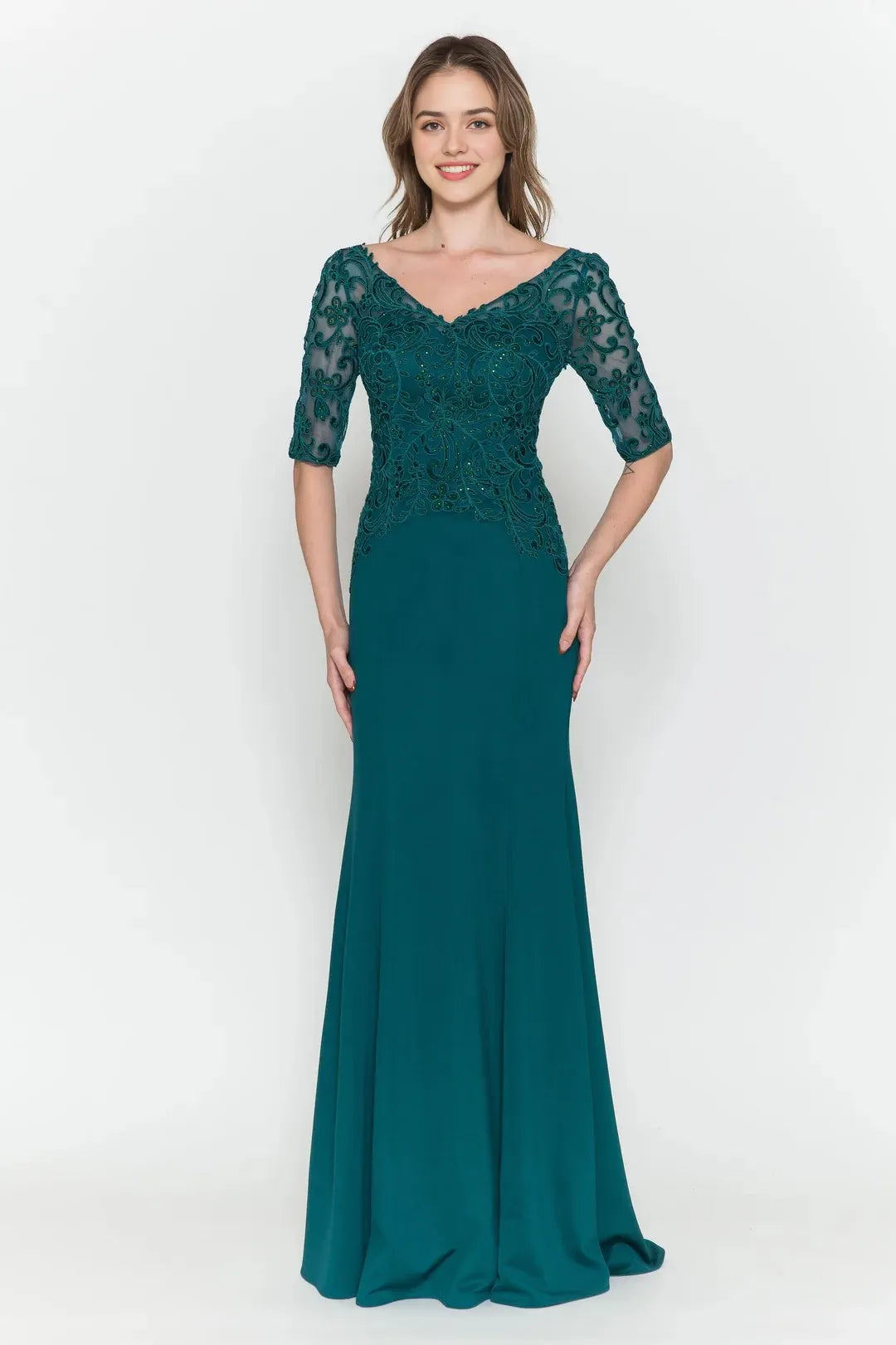 Elegant Mermaid V Neck Half Sleeve Closed Back Floor Length Prom Dress