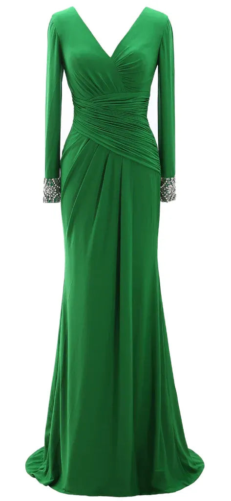 Mermaid V Neck Long Sleeve Beaded Maxi Evening Dress