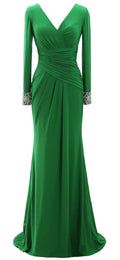 Mermaid V Neck Long Sleeve Beaded Maxi Evening Dress