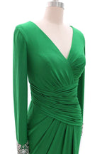 Mermaid V Neck Long Sleeve Beaded Maxi Evening Dress