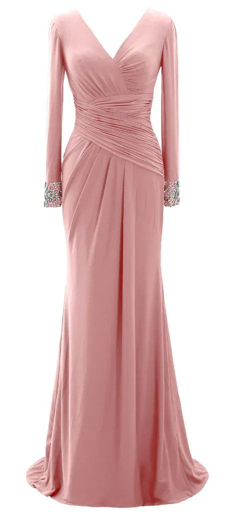 Mermaid V Neck Long Sleeve Beaded Maxi Evening Dress