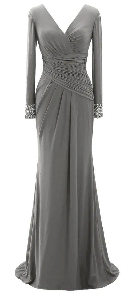 Mermaid V Neck Long Sleeve Beaded Maxi Evening Dress