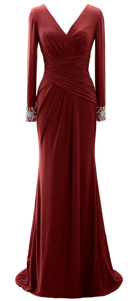 Mermaid V Neck Long Sleeve Beaded Maxi Evening Dress