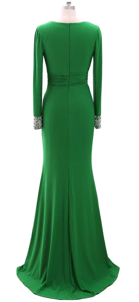 Mermaid V Neck Long Sleeve Beaded Maxi Evening Dress