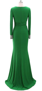 Mermaid V Neck Long Sleeve Beaded Maxi Evening Dress